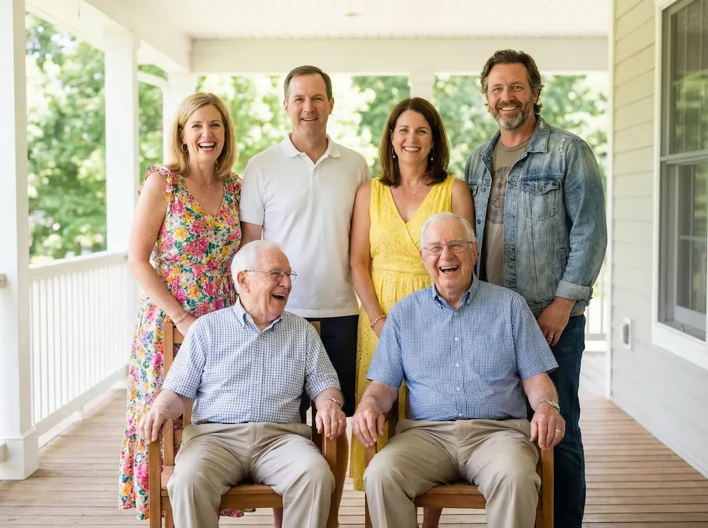 Add person to family reunion photo - Complete group portrait with added family member