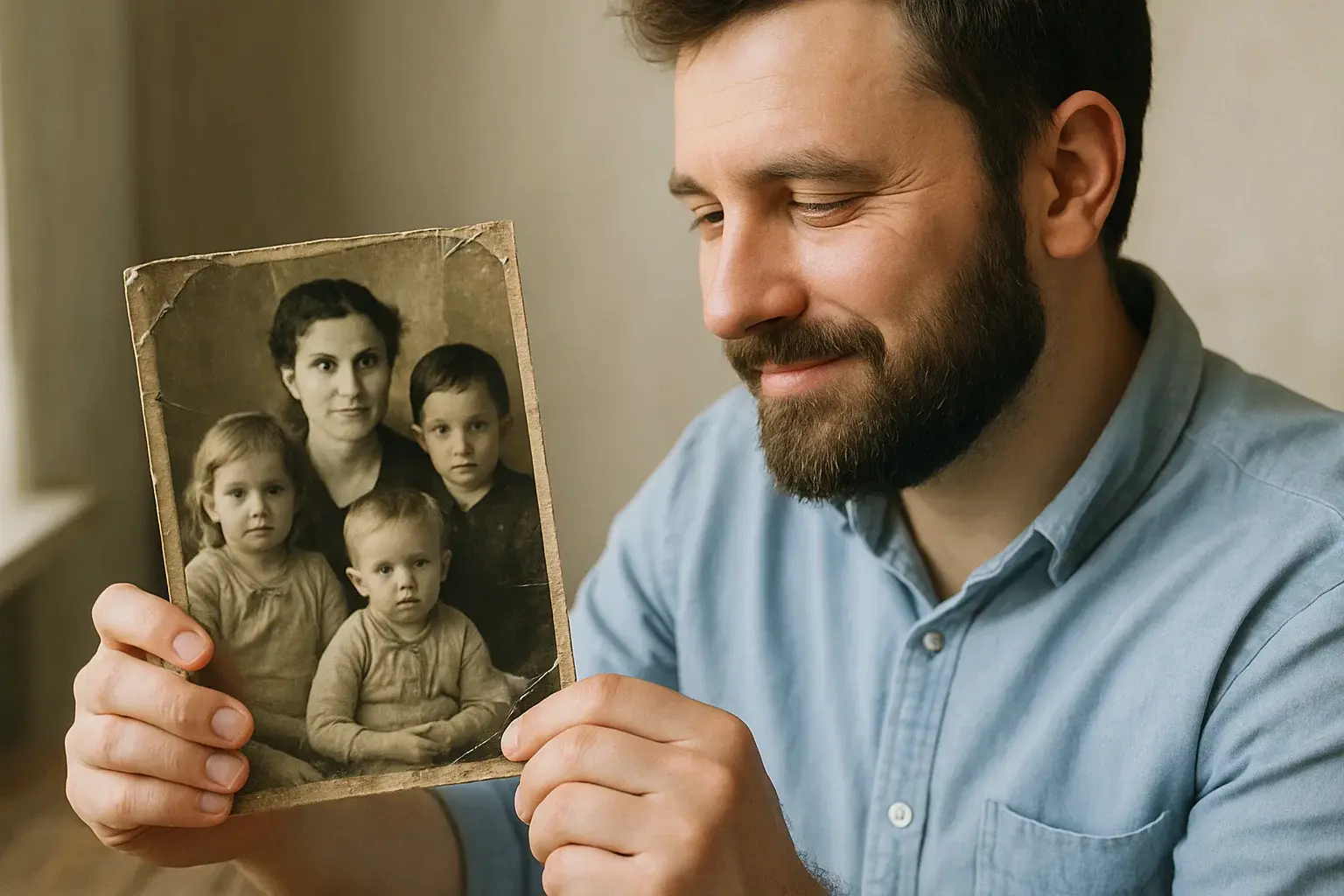 A person fondly looking at an old, damaged photograph.