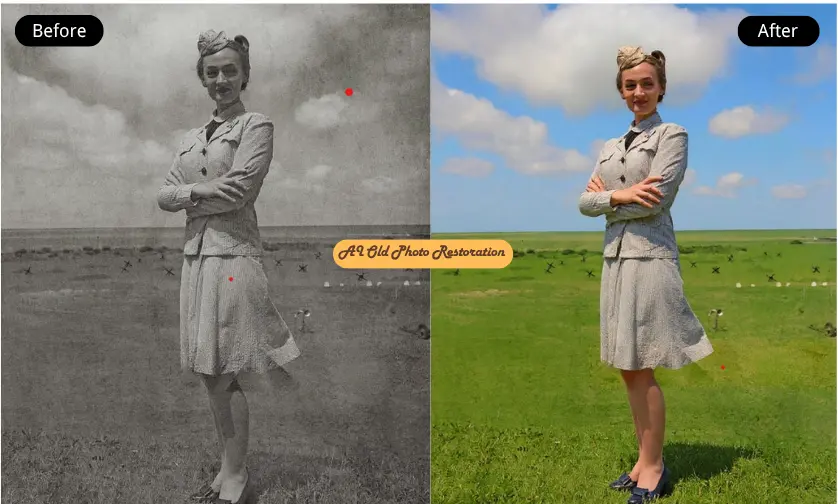 A stunning before-and-after image showing a black-and-white photo being transformed with realistic color.