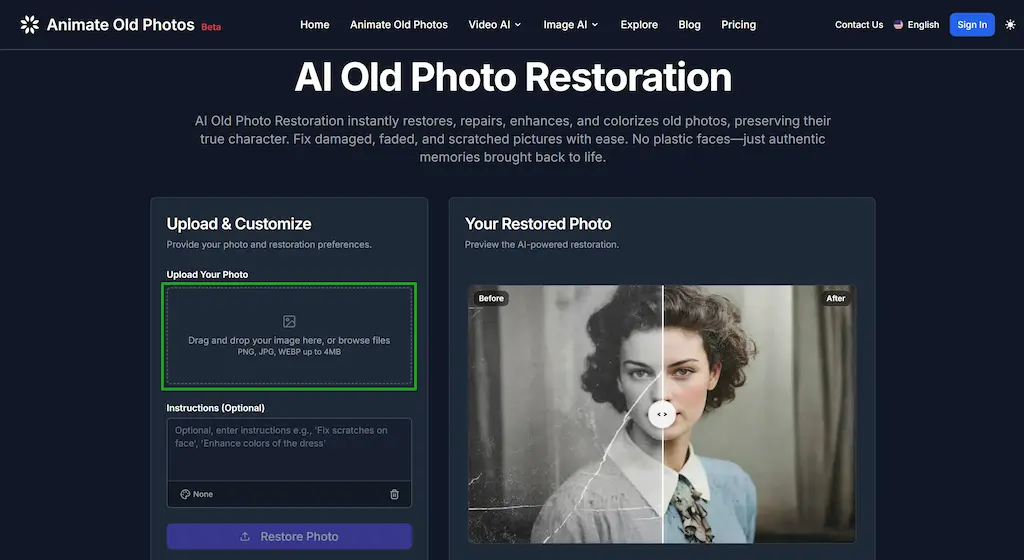 A clear user interface allows users to upload photos for AI photo restoration.