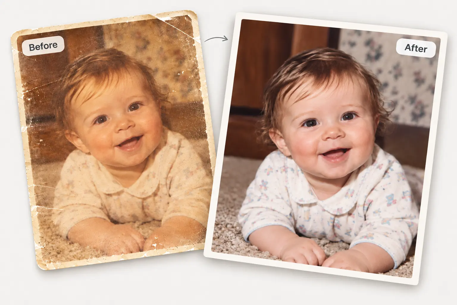 Before and after AI baby photo restoration
