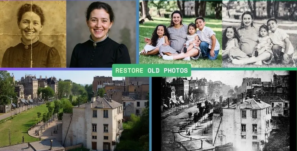 A beautiful collage showcasing several different types of restored photos - portraits, family gatherings, landscapes.